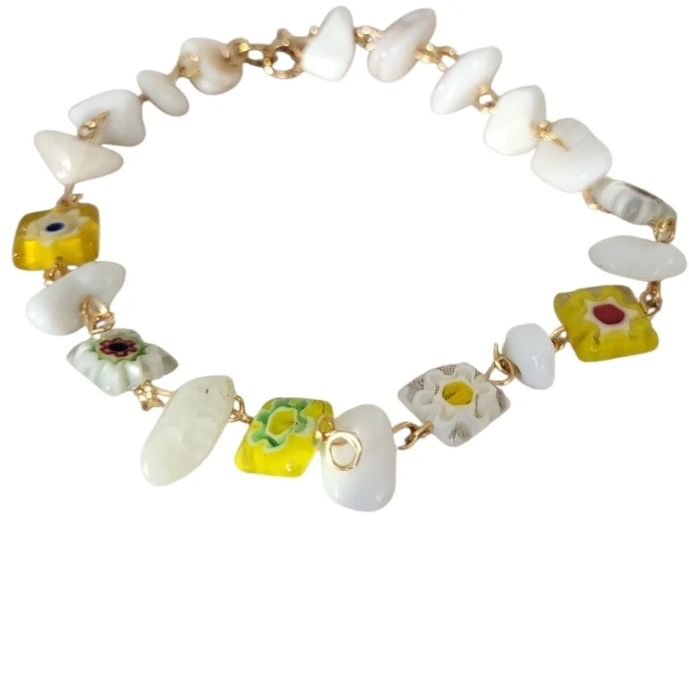 Millefiori Floral Beads & White Quartz Bracelet Copper
